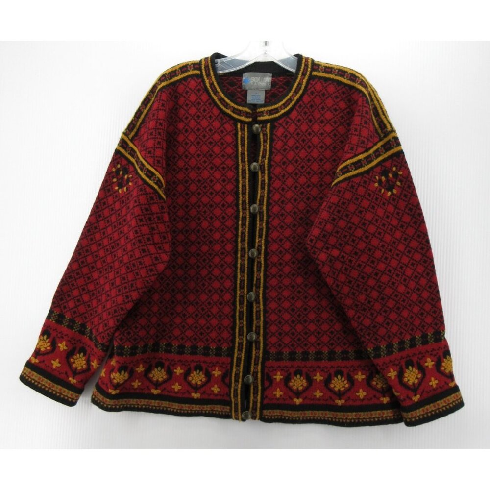 VINTAGE Squaw Valley Sweater Medium Wool Cardigan Nordic Geometric